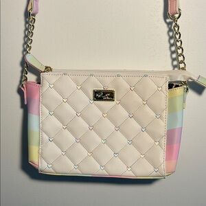 Betsey Johnson Quilted Hearts Crossbody Bag with Pastel Stripes